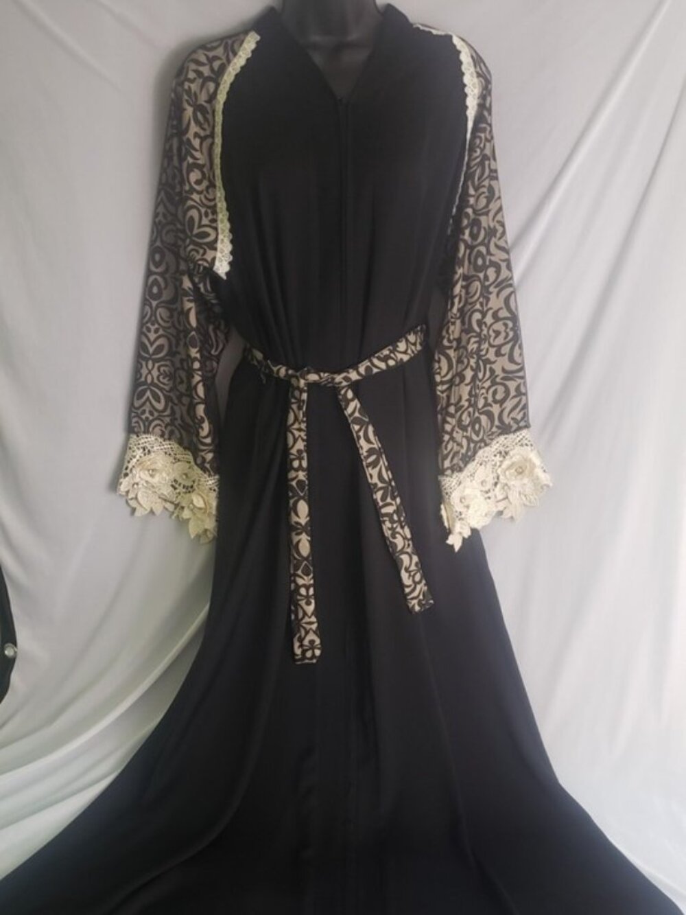 Vtg Black Maxi Dress Whimsigoth Witch Morticia Costume White Lace Rhinestones